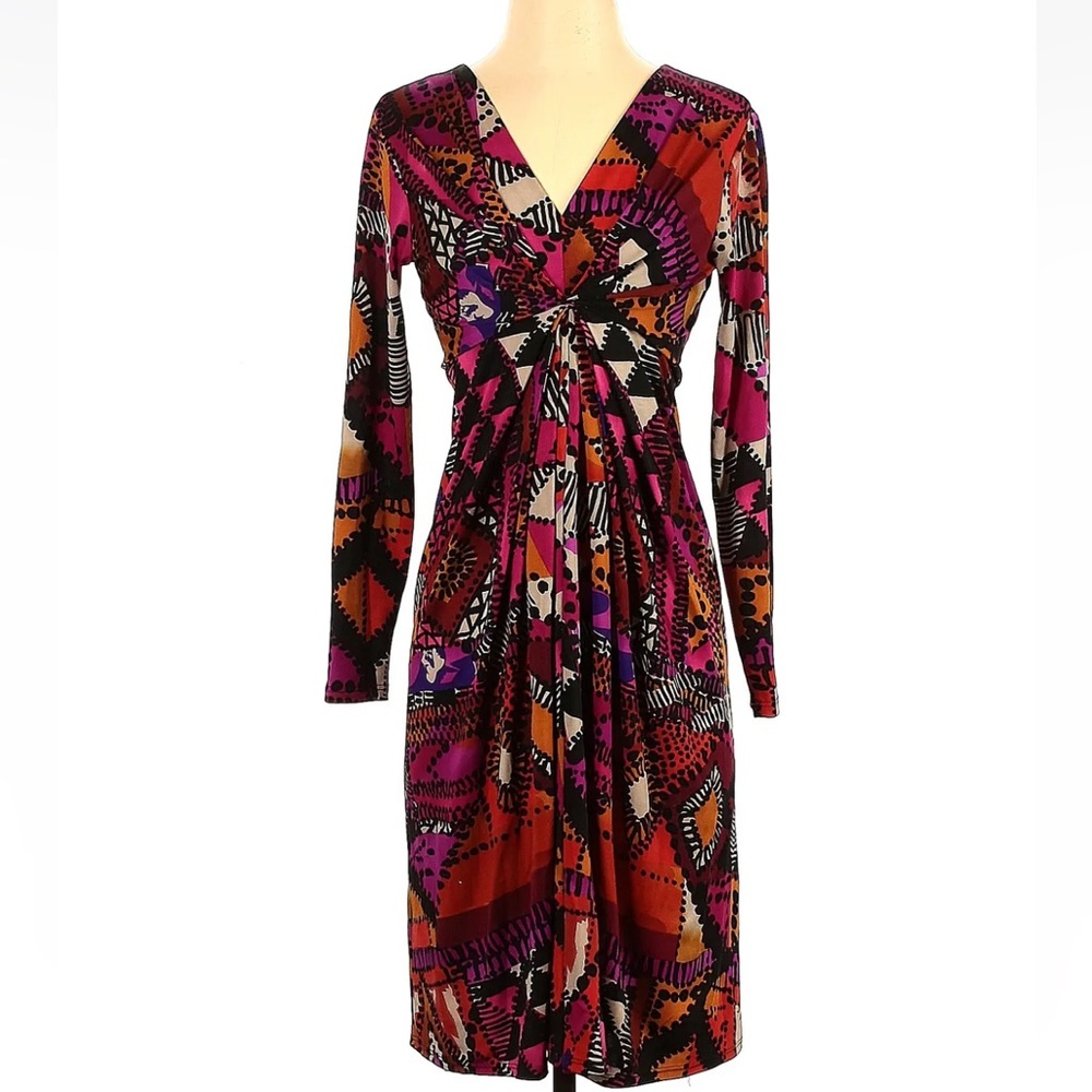 Leota Colorful Tribal Geometric Dress Long Sleeve Lightweight Dress Small EUC